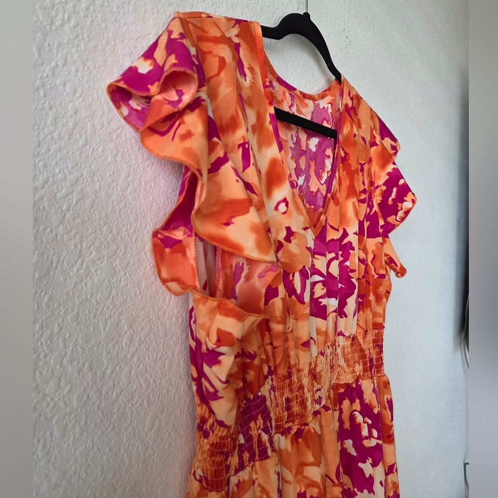 Orange and Pink Floral Midi Dress - Picture 7 of 8